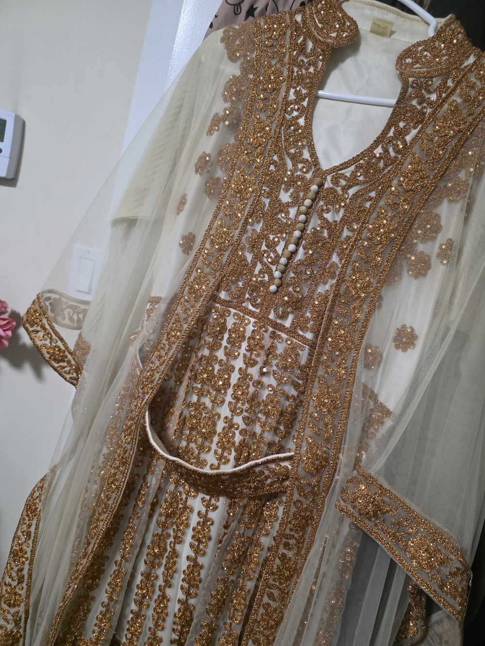 Elegant Cream and Gold Embellished Women's Dress